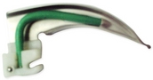 L3-151FS: Green Spec.  Single Use MacIntosh, Plastic Fiber Optic Laryngoscope Blade. Fiber Optic light carrier protected with plastic jacket.Sizes Available: 0, 1, 2, 3, 4, 5.